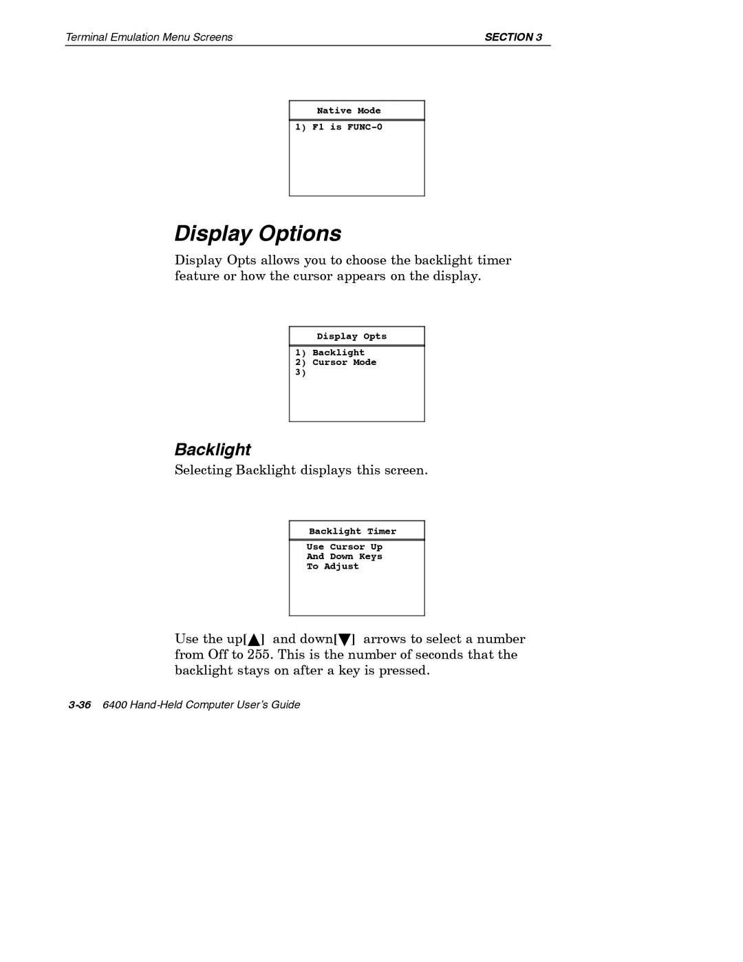 Intermec 6400 manual Display Options, Backlight 