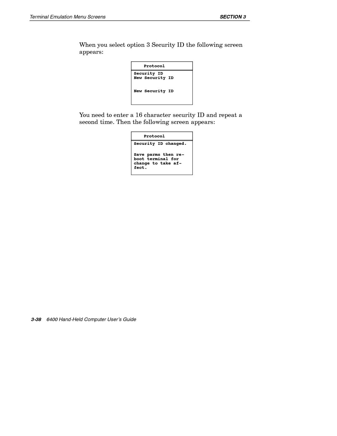 Intermec 6400 manual Protocol Security ID New Security ID 