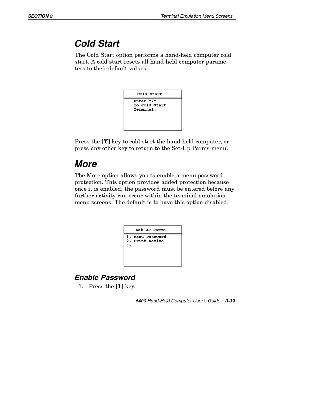 Intermec 6400 manual Cold Start, More, Enable Password 