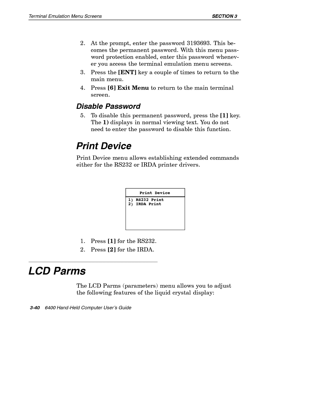 Intermec 6400 manual LCD Parms, Print Device, Disable Password 