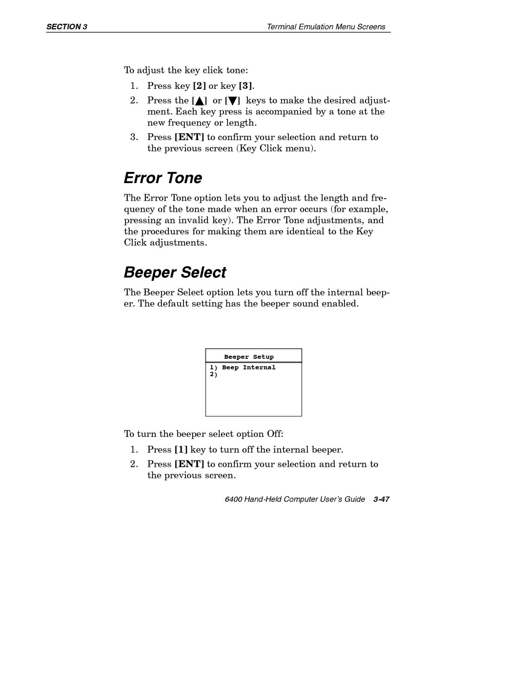 Intermec 6400 manual Error Tone, Beeper Select 