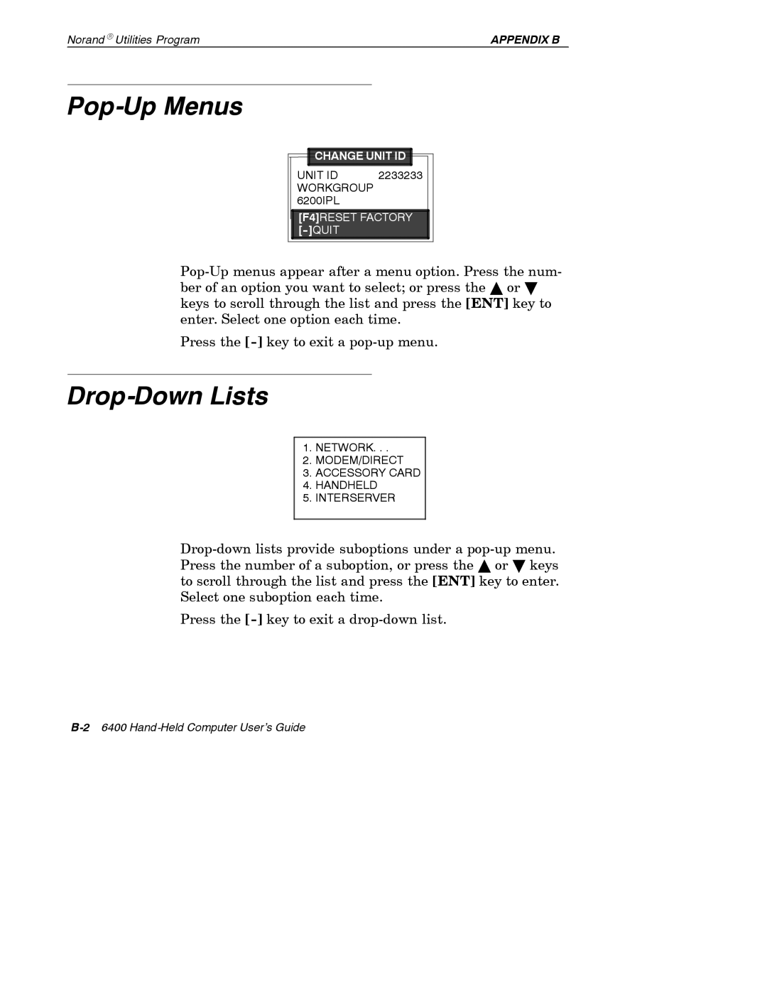 Intermec 6400 manual Pop-Up Menus, Drop-Down Lists 