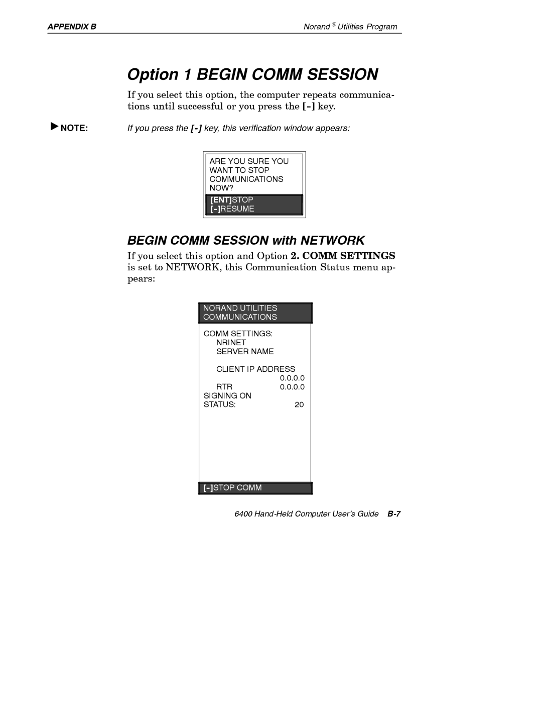 Intermec 6400 manual Option 1 Begin Comm Session, Begin Comm Session with Network 