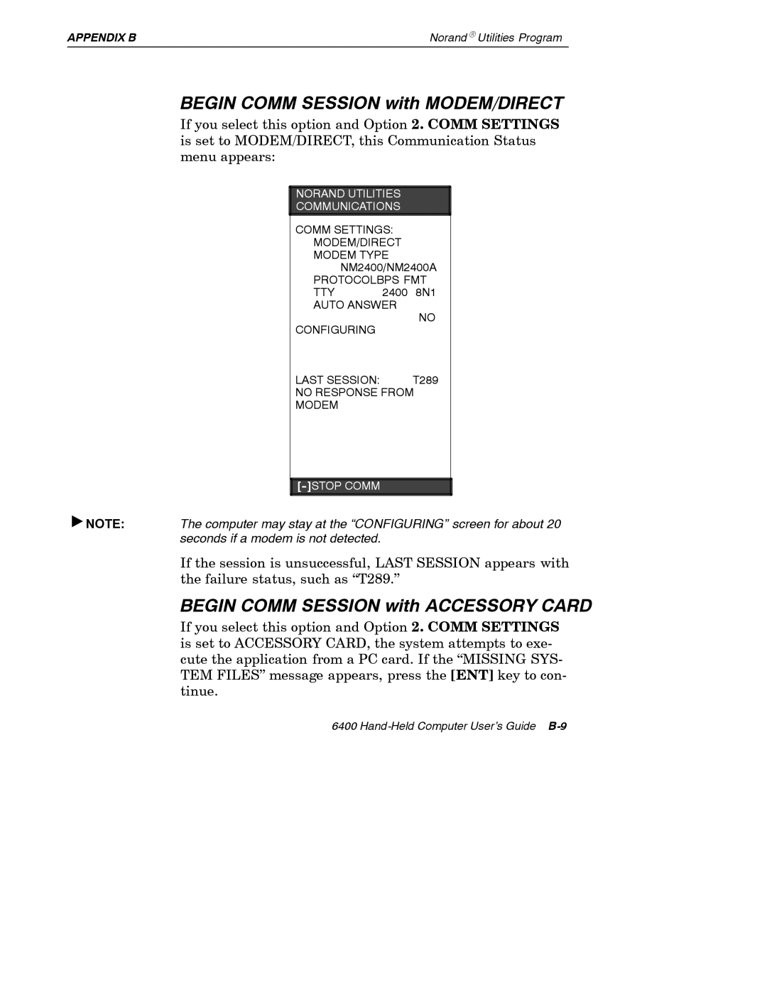 Intermec 6400 manual Begin Comm Session with MODEM/DIRECT, Begin Comm Session with Accessory Card 