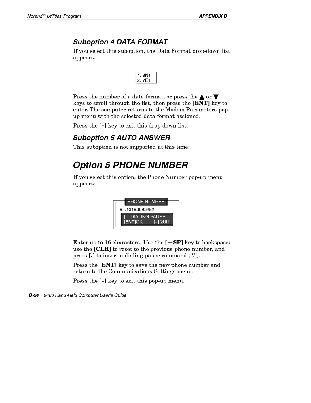 Intermec 6400 manual Option 5 Phone Number, Suboption 4 Data Format, Suboption 5 Auto Answer 