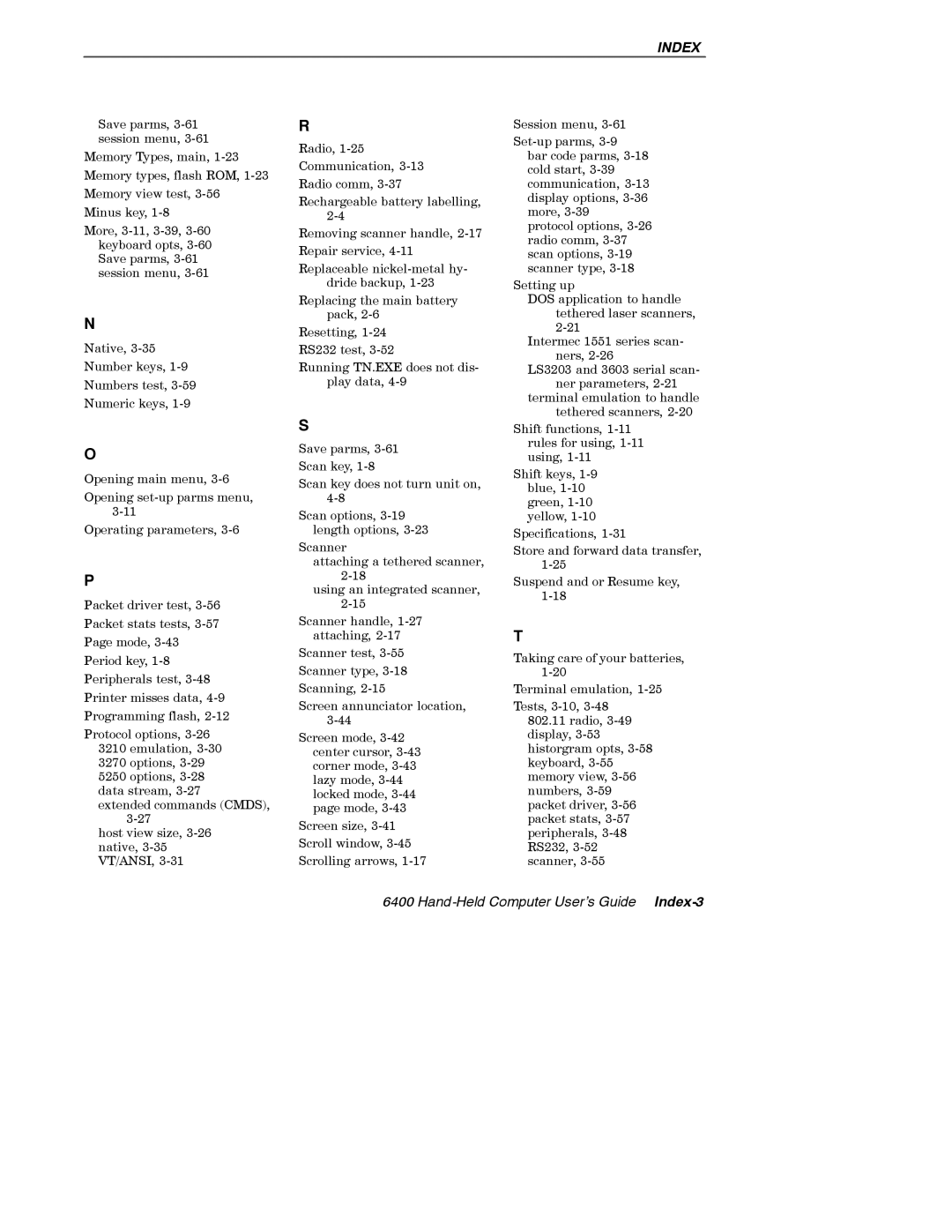 Intermec 6400 manual Hand-Held Computer User’s Guide Index-3 