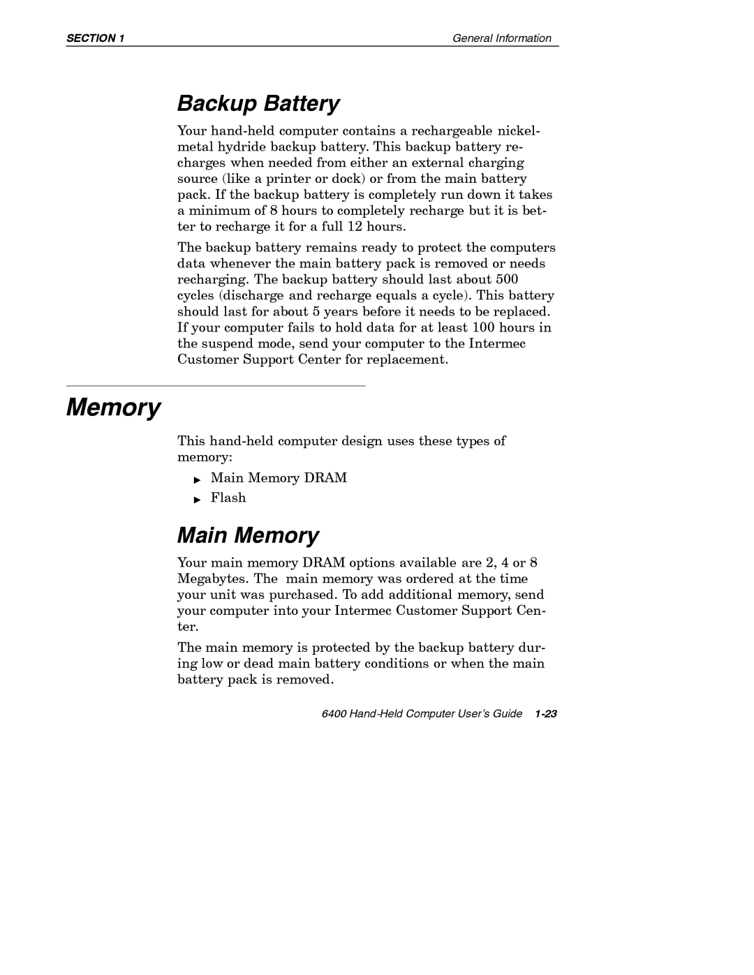 Intermec 6400 manual Backup Battery, Main Memory 