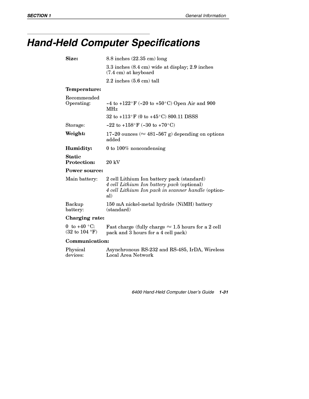 Intermec 6400 manual Hand-Held Computer Specifications, Size 