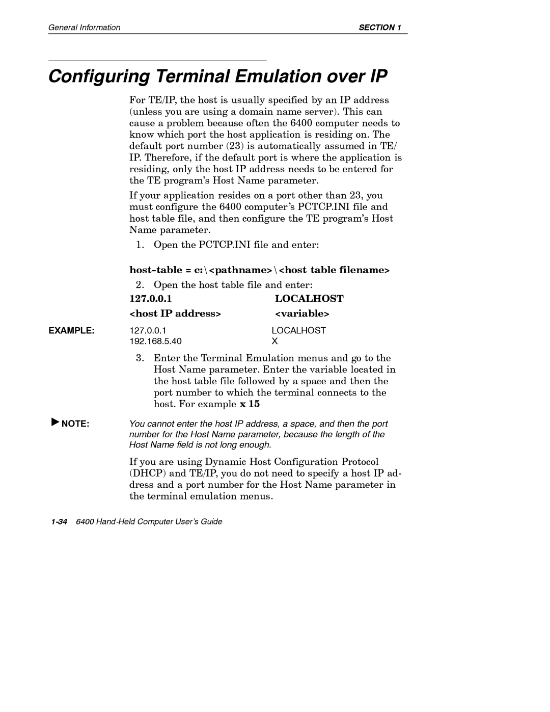 Intermec 6400 manual Configuring Terminal Emulation over IP, Localhost 