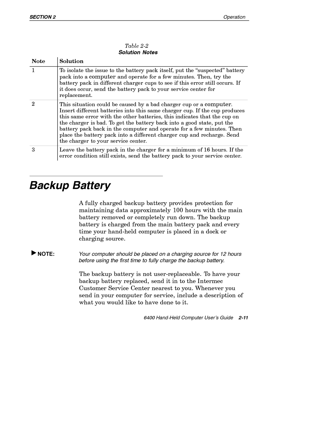 Intermec 6400 manual Backup Battery, Solution Notes 