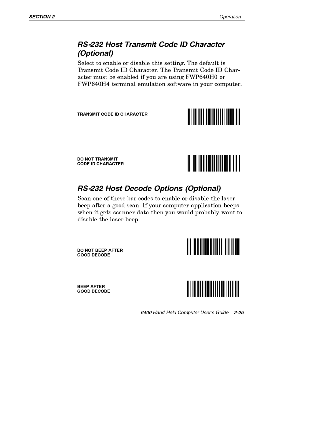 Intermec 6400 manual RS-232 Host Transmit Code ID Character Optional, RS-232 Host Decode Options Optional 