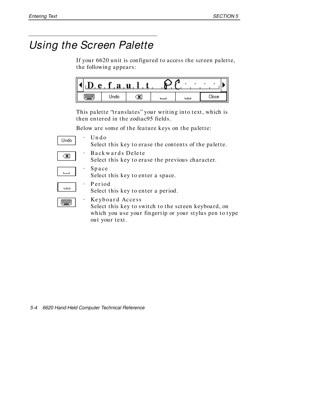 Intermec 6620 manual Using the Screen Palette, Undo, Space, Period, Keyboard Access 