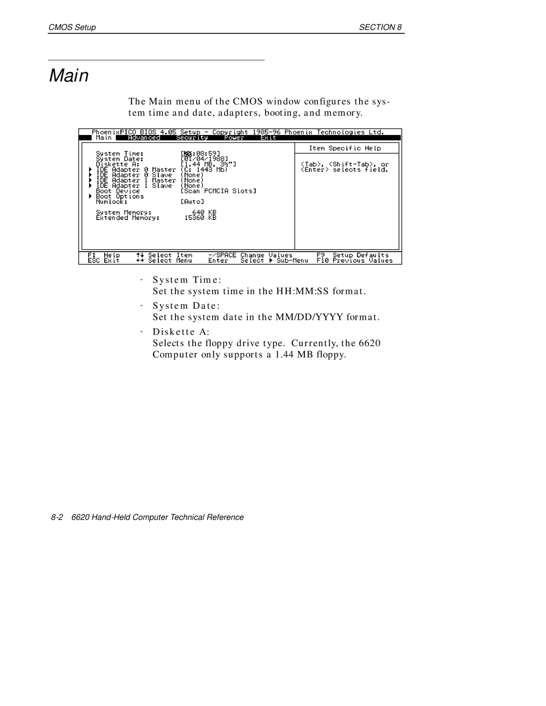 Intermec 6620 manual Main, System Time, System Date, Diskette a 