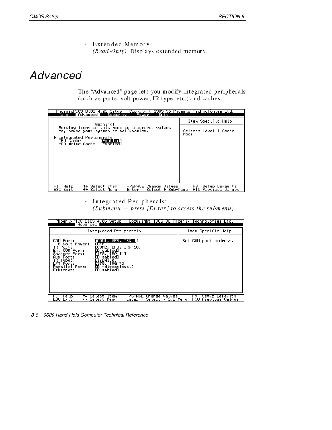 Intermec 6620 manual Advanced, Extended Memory, Integrated Peripherals 