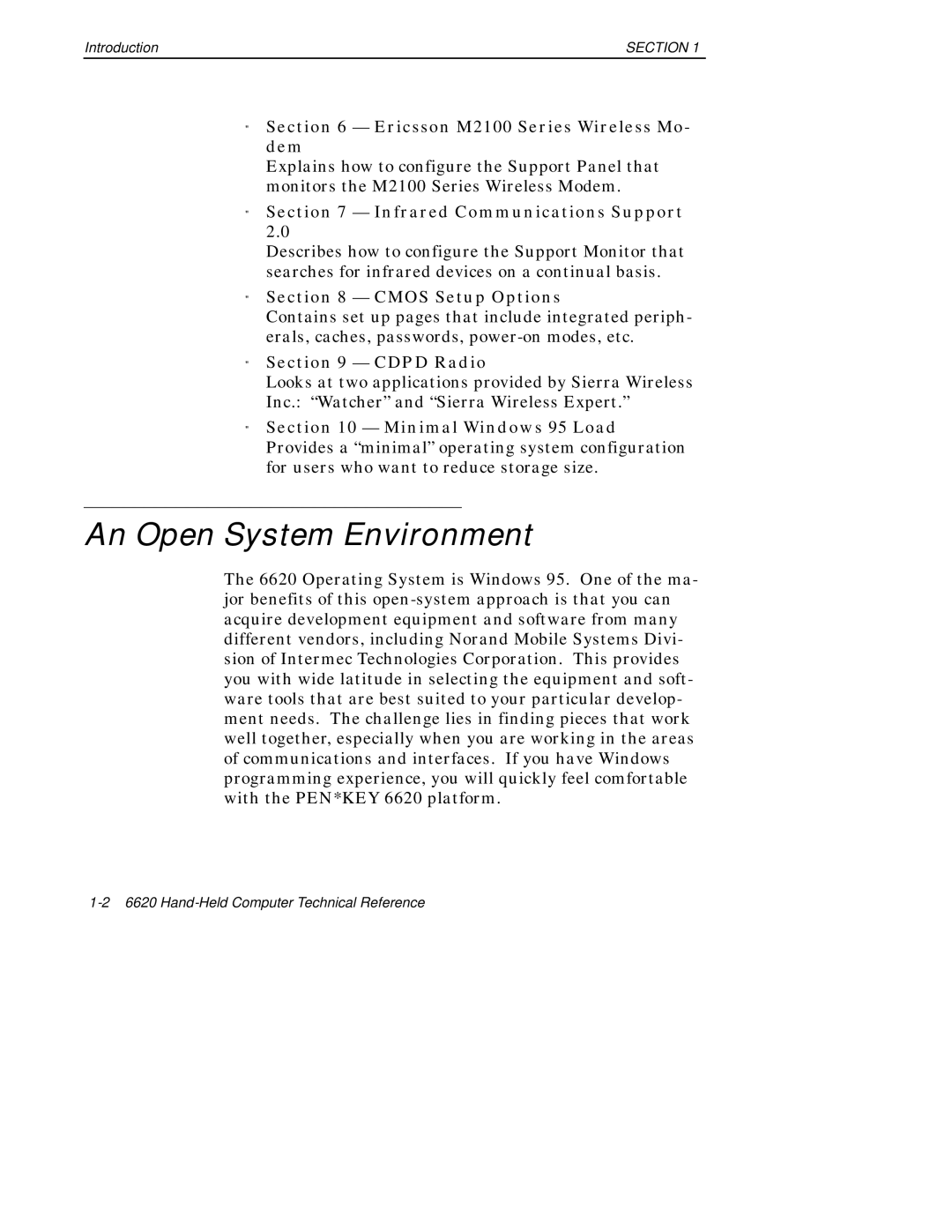 Intermec 6620 manual An Open System Environment, Ericsson M2100 Series Wireless Mo- dem, Infrared Communications Support 