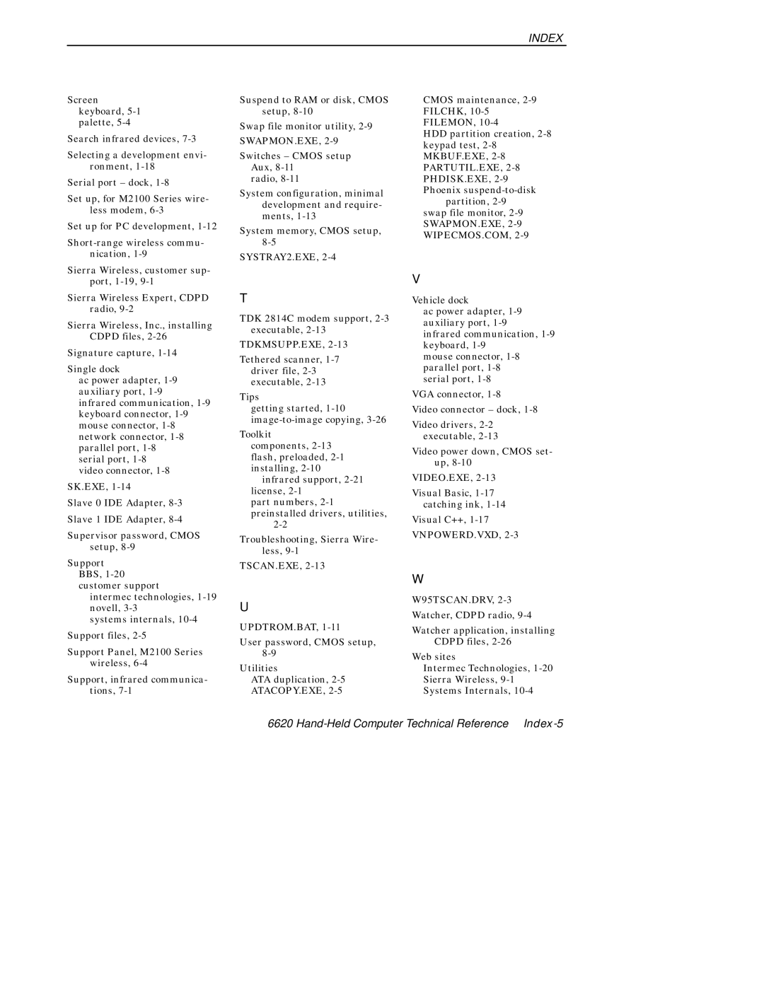 Intermec 6620 manual Hand-Held Computer Technical Reference Index-5 