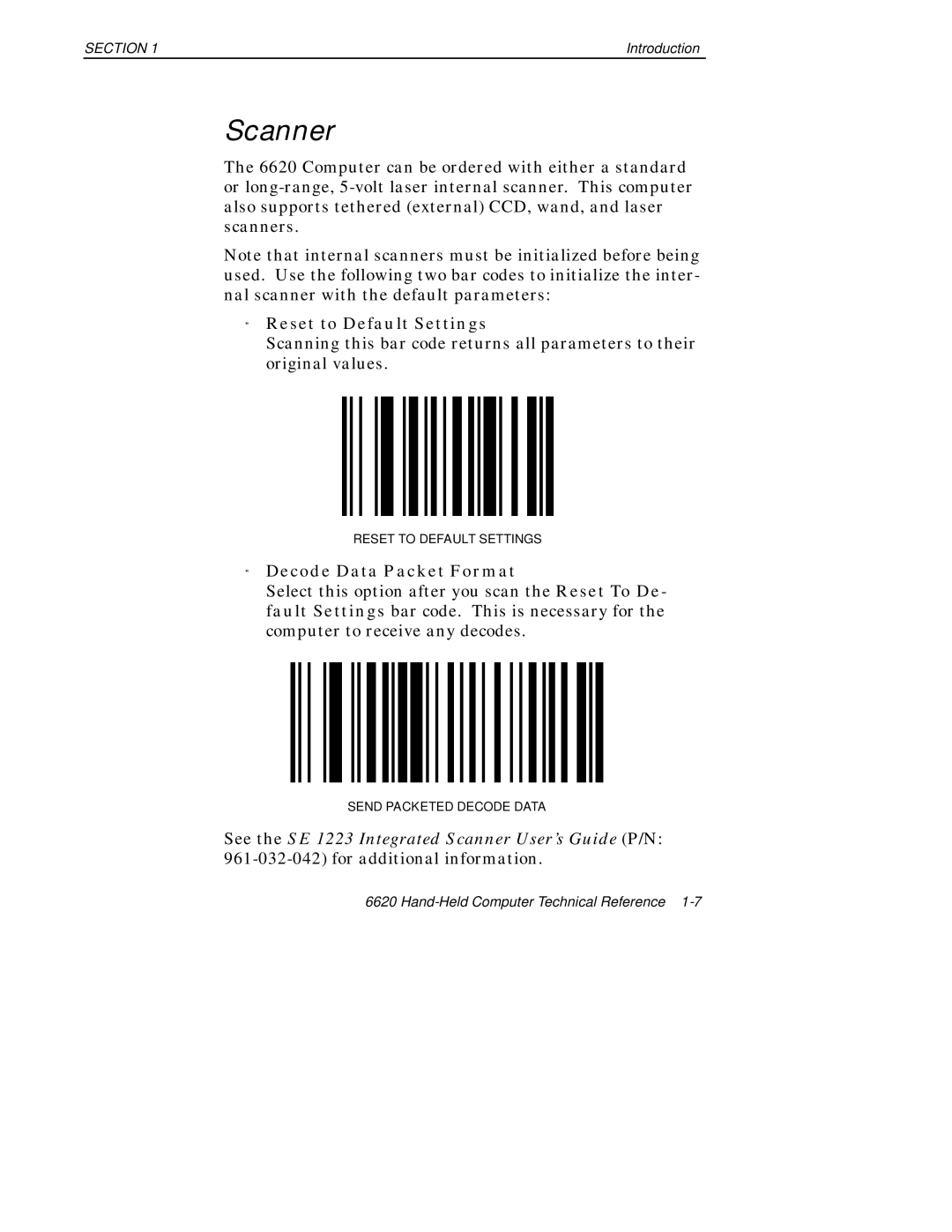 Intermec 6620 manual Scanner, Reset to Default Settings, Decode Data Packet Format 