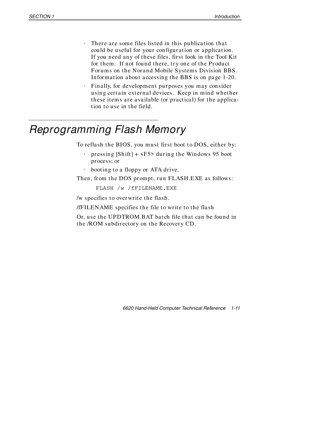 Intermec 6620 manual Reprogramming Flash Memory, Flash /w /fFILENAME.EXE 