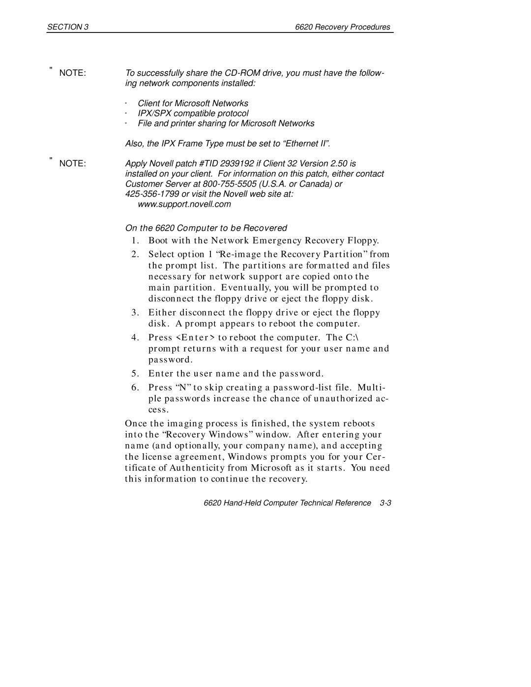 Intermec 6620 manual Boot with the Network Emergency Recovery Floppy 