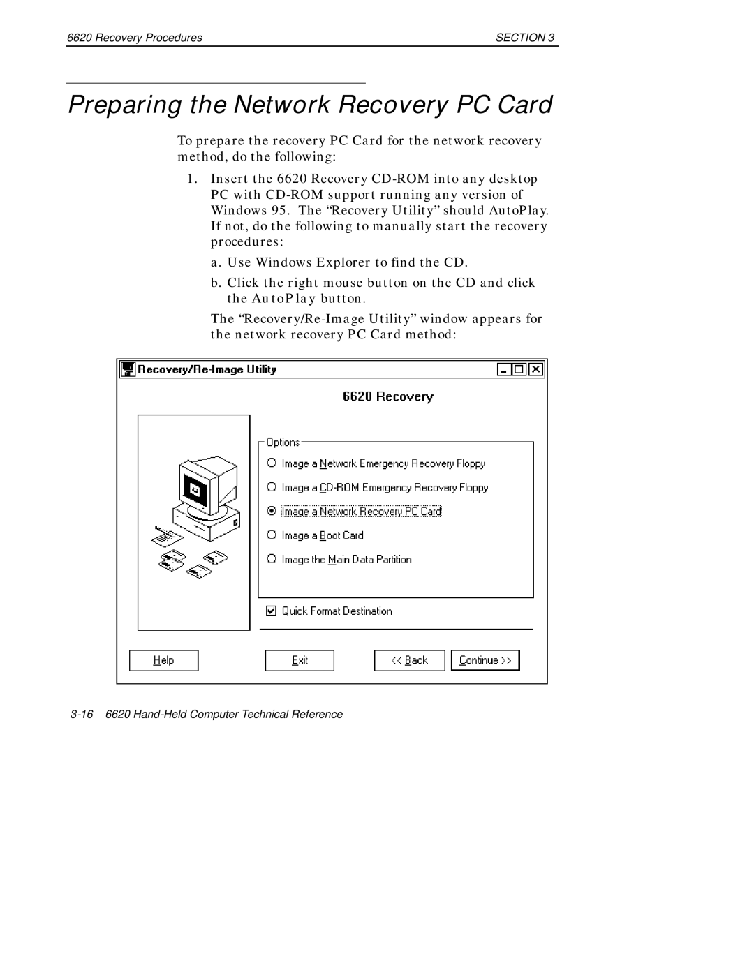 Intermec 6620 manual Preparing the Network Recovery PC Card 