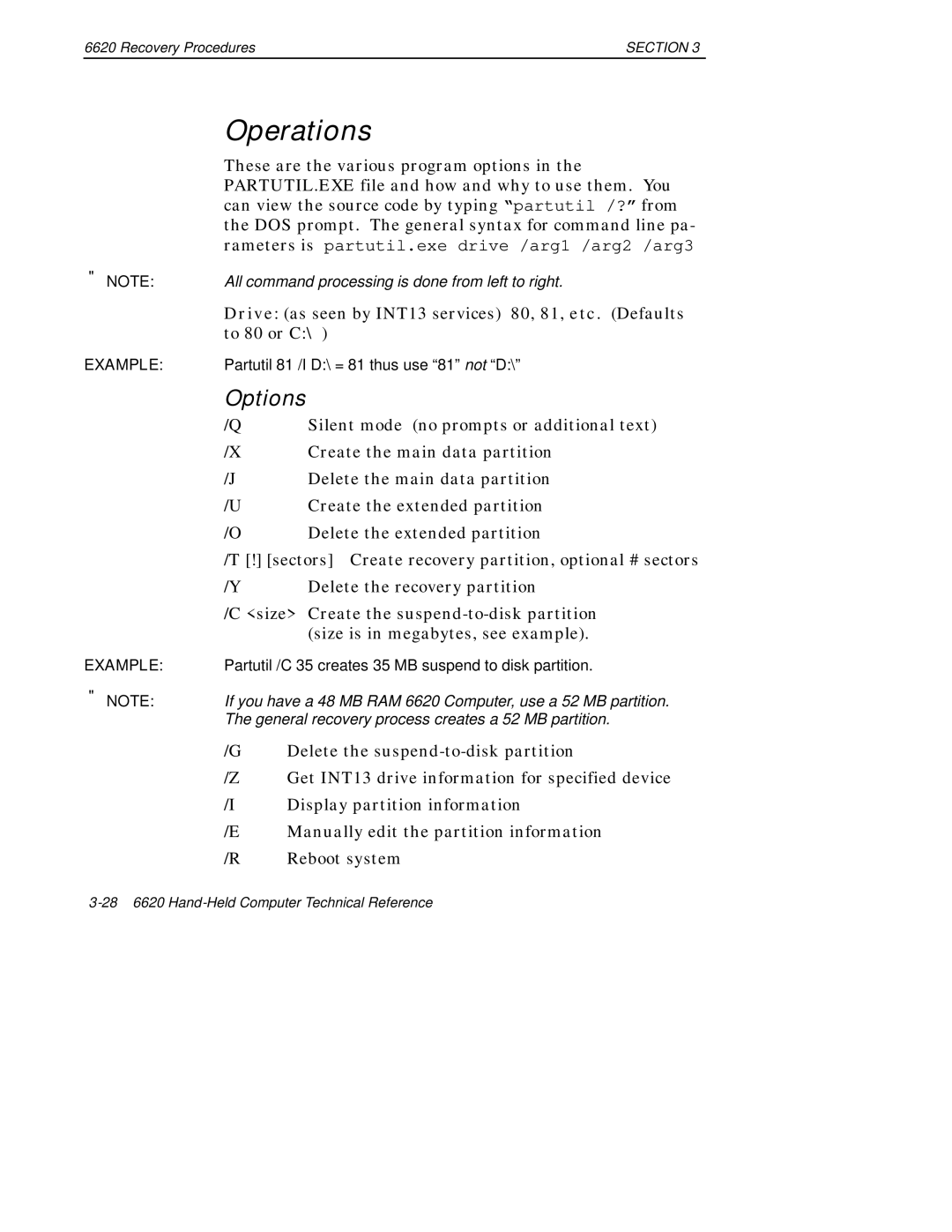 Intermec 6620 manual Operations, Options 