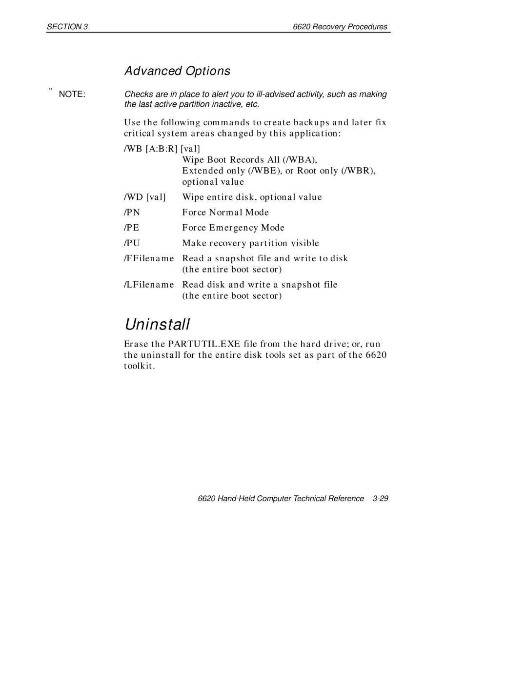 Intermec 6620 manual Uninstall, Advanced Options 