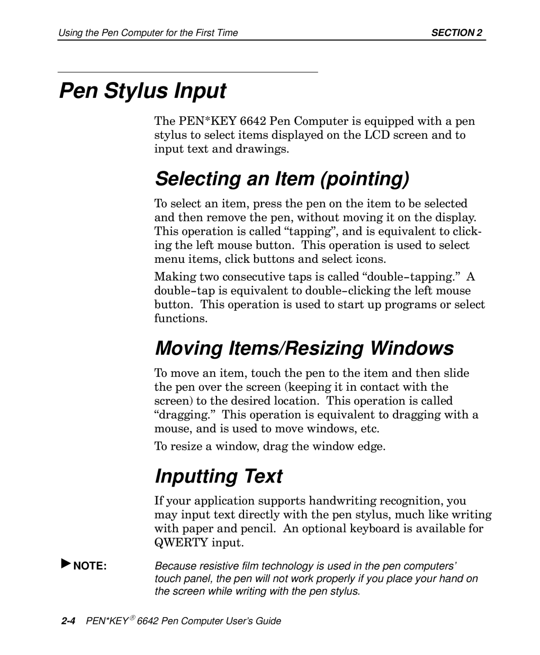 Intermec 6642 manual Pen Stylus Input, Selecting an Item pointing, Moving Items/Resizing Windows, Inputting Text 