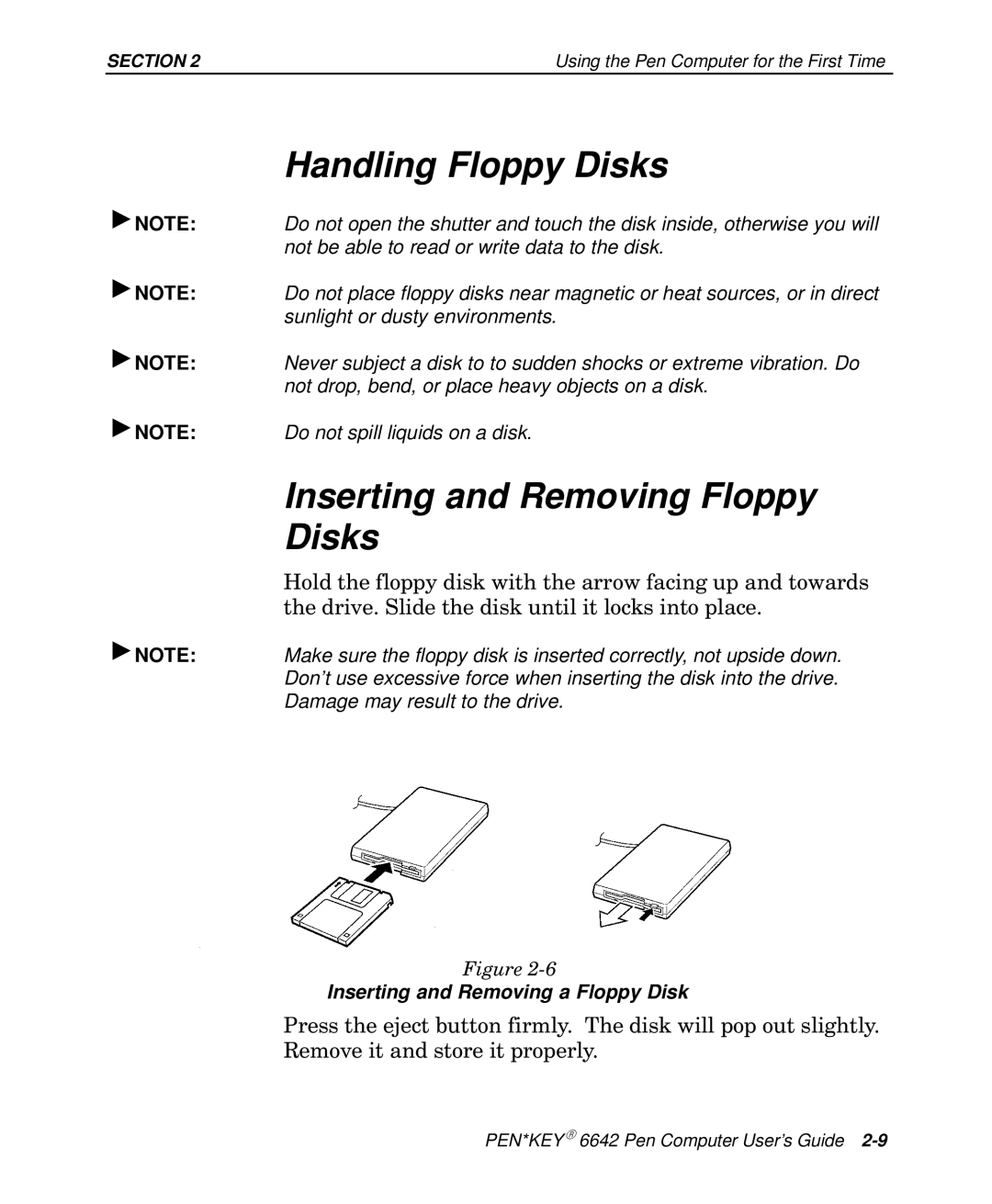 Intermec 6642 manual Handling Floppy Disks, Inserting and Removing Floppy Disks 