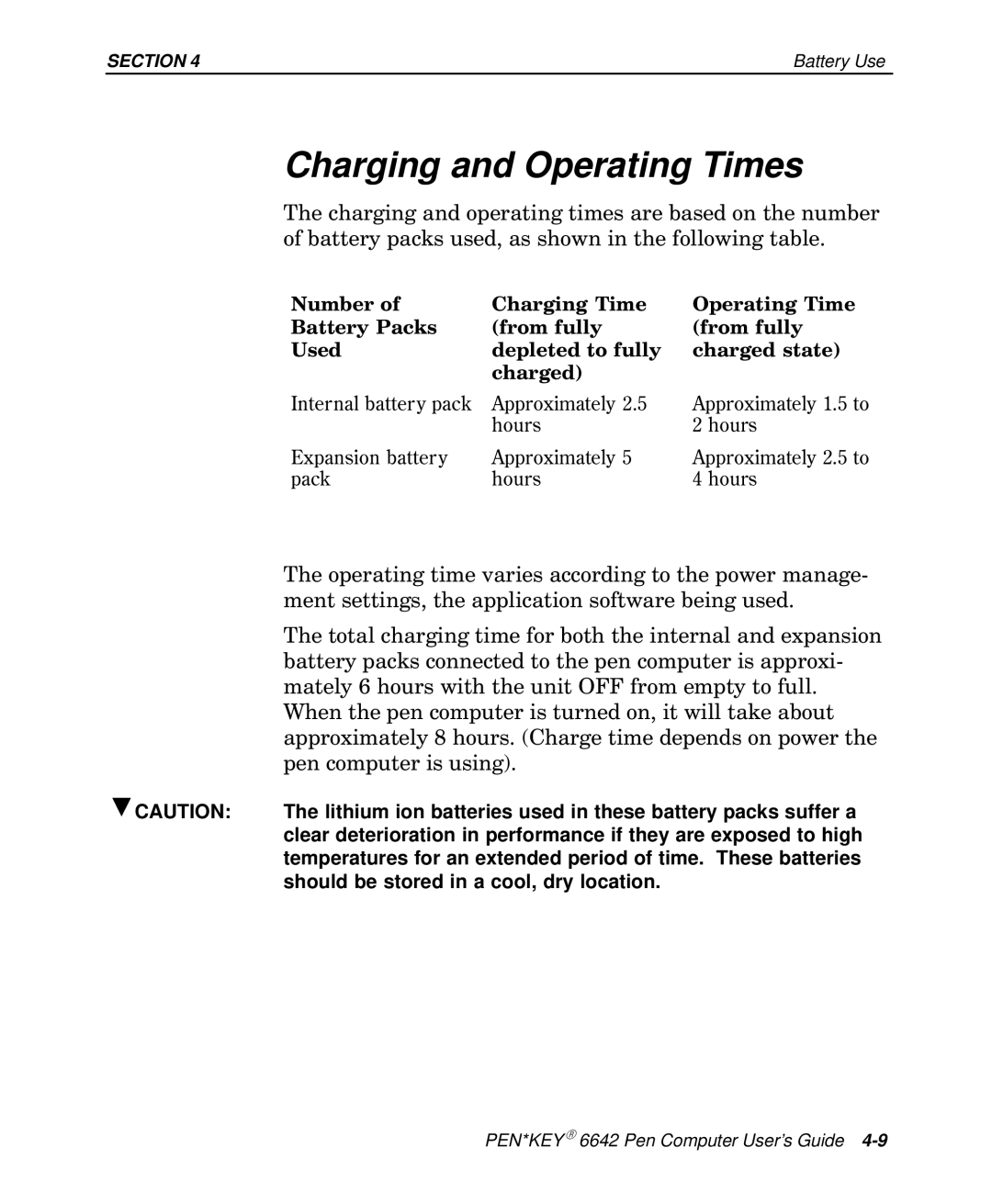 Intermec 6642 manual Charging and Operating Times, Pen computer is using 