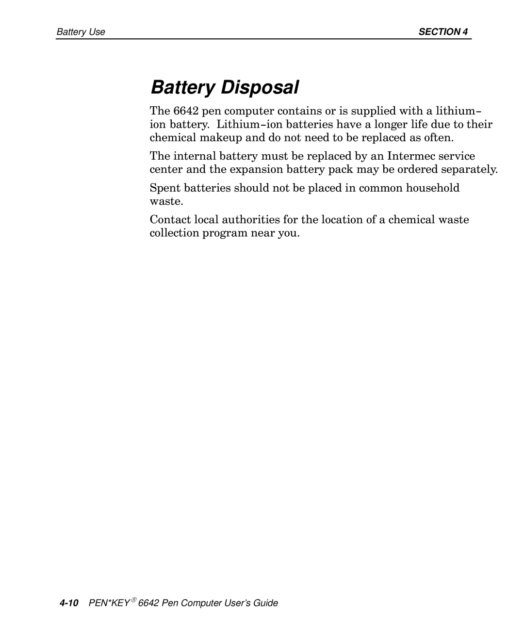 Intermec 6642 manual Battery Disposal 