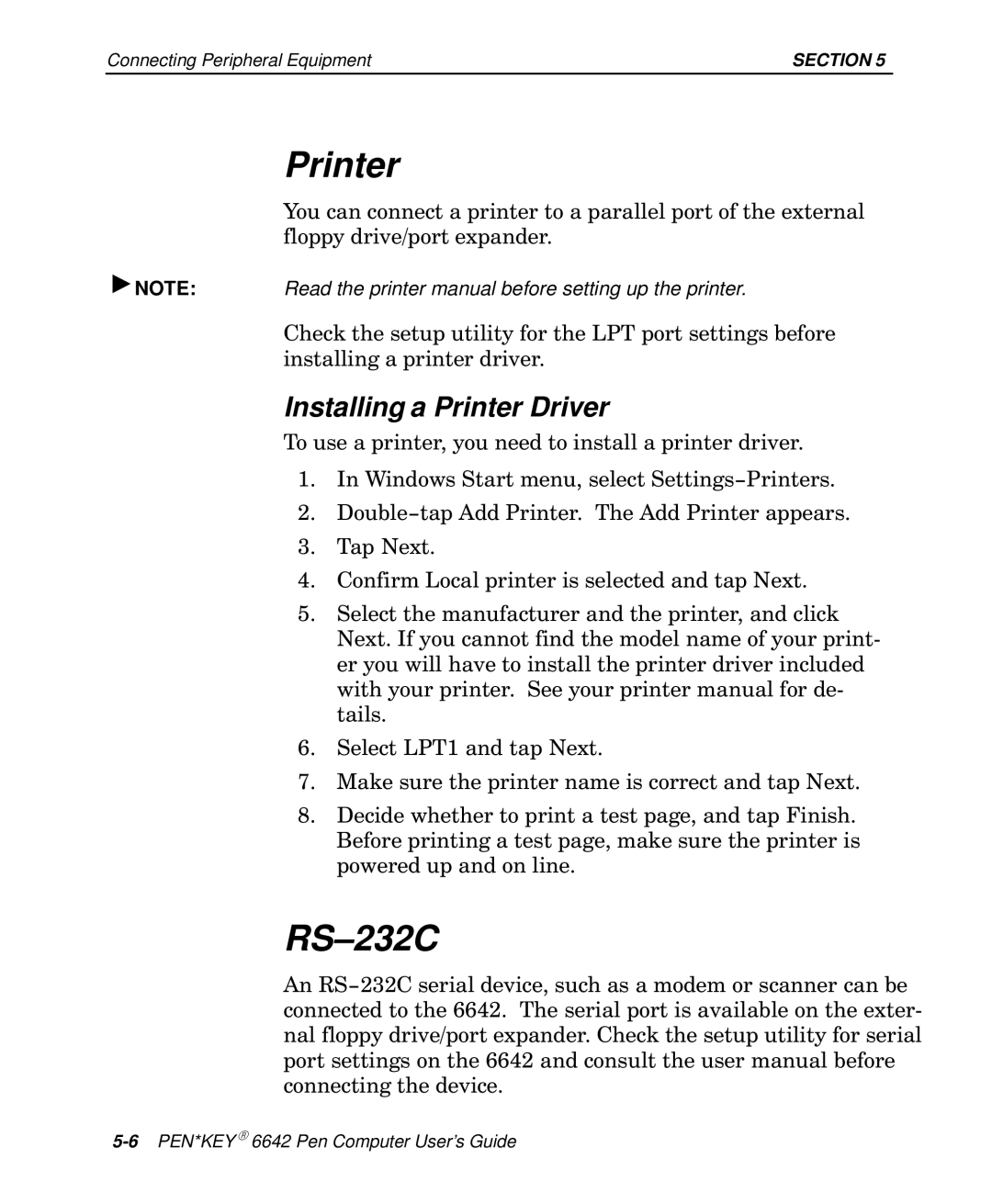 Intermec 6642 manual RS-232C, Installing a Printer Driver 