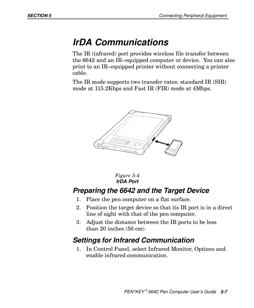 Intermec manual IrDA Communications, Preparing the 6642 and the Target Device, Settings for Infrared Communication 