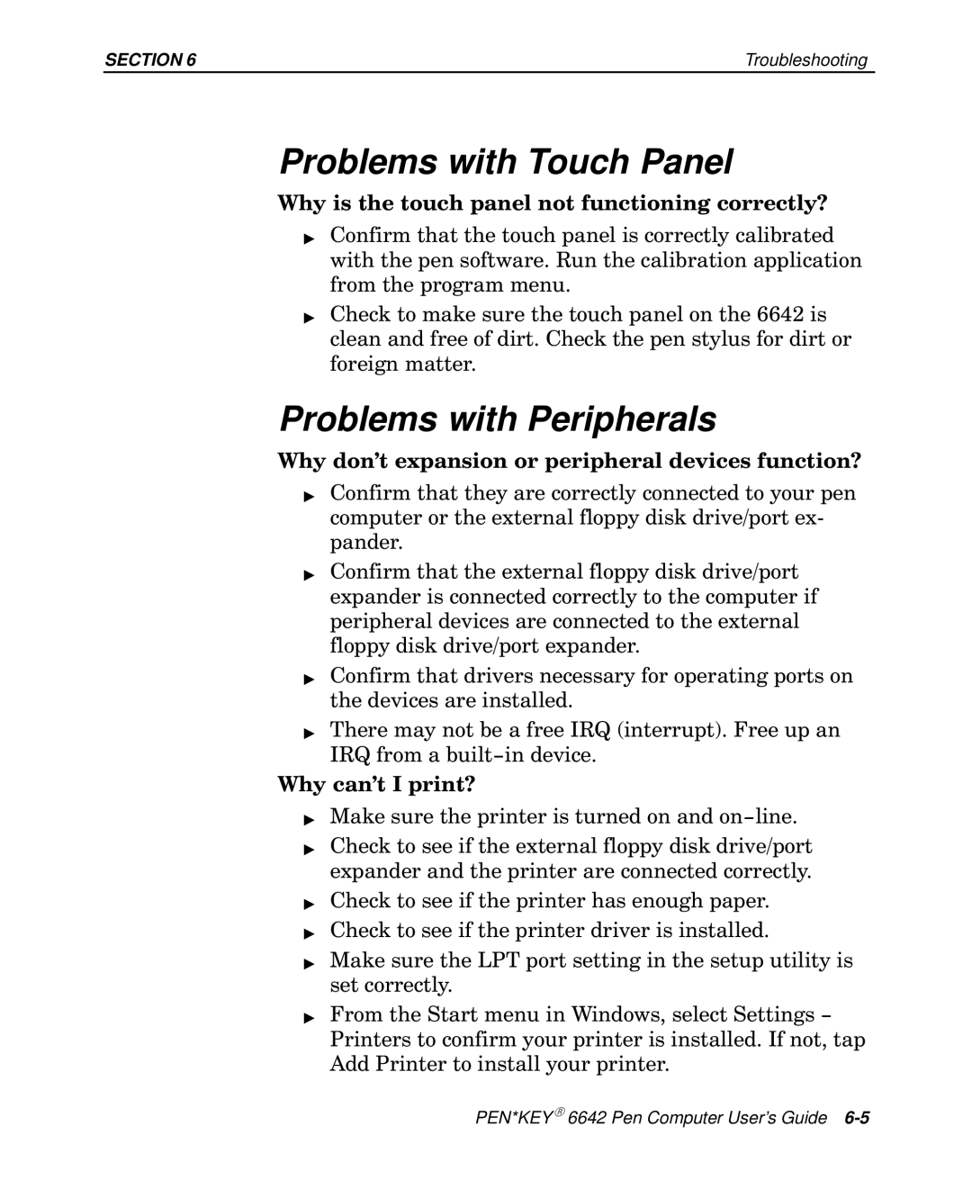 Intermec 6642 manual Problems with Touch Panel, Problems with Peripherals 