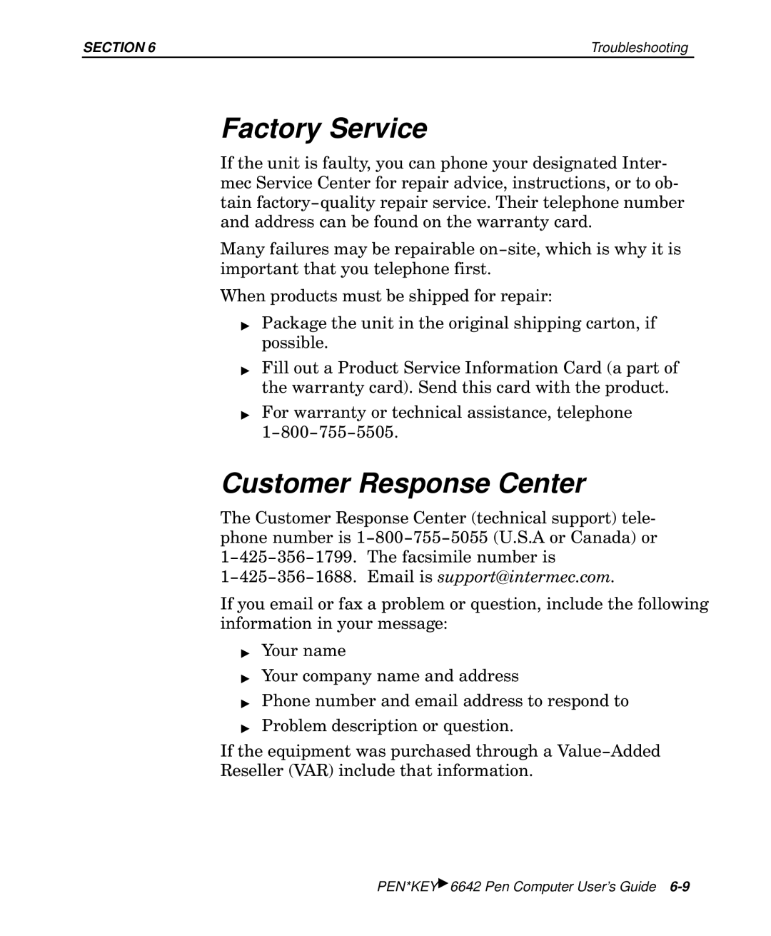 Intermec 6642 manual Factory Service, Customer Response Center 