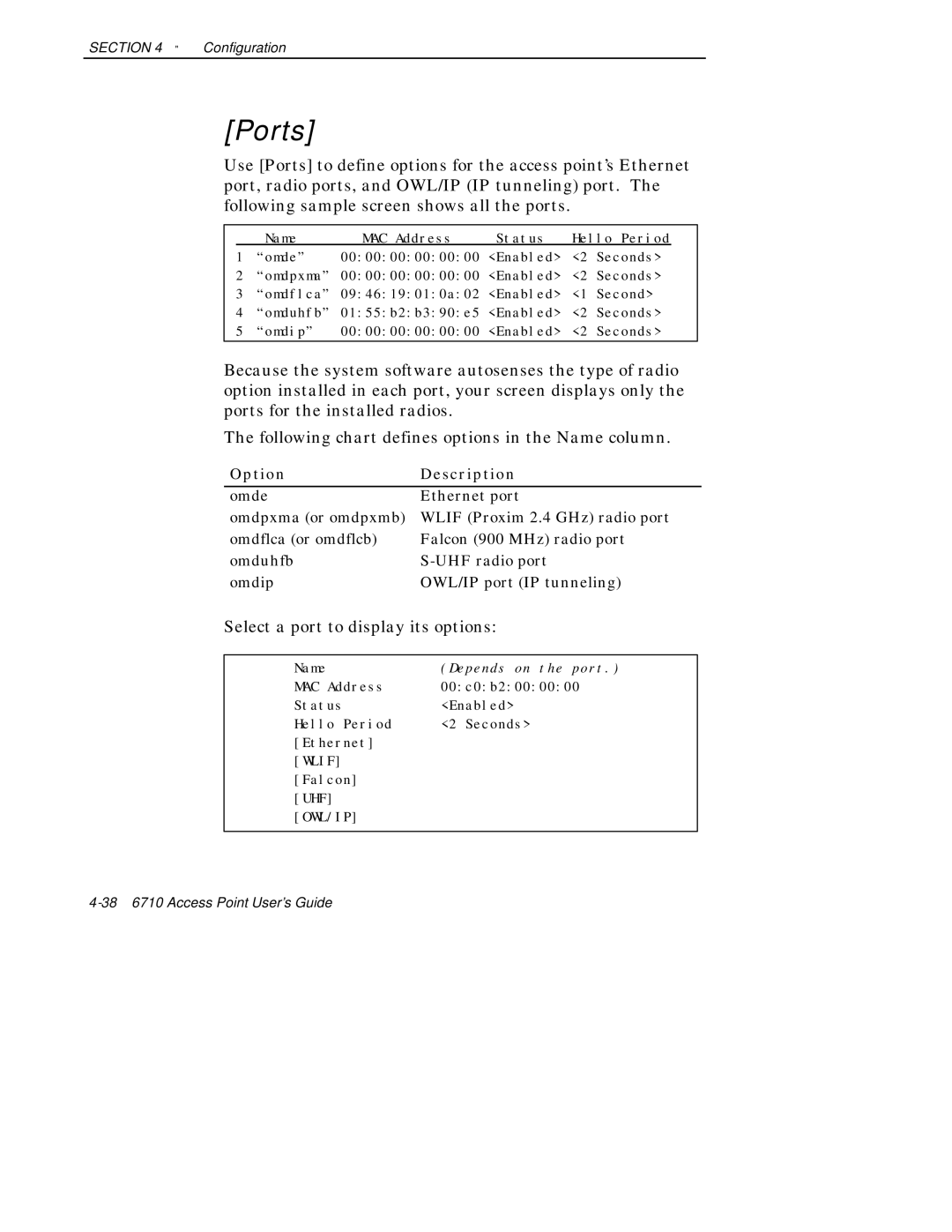 Intermec 6710 manual Ports, Select a port to display its options 