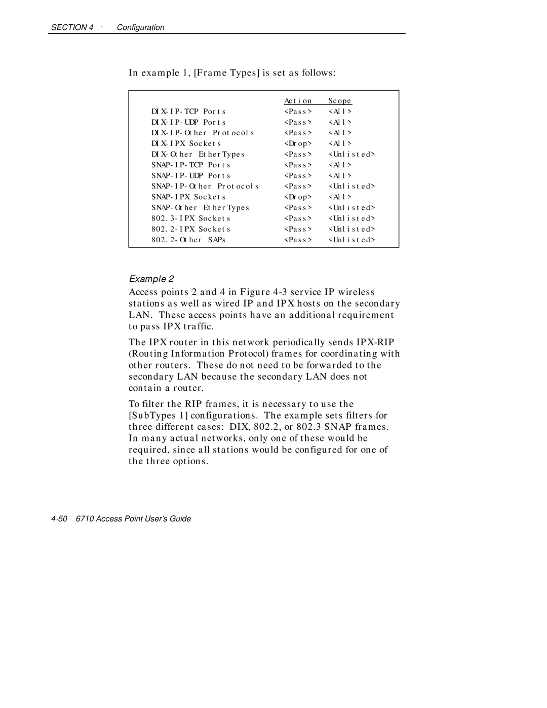 Intermec 6710 manual Example 1, Frame Types is set as follows 