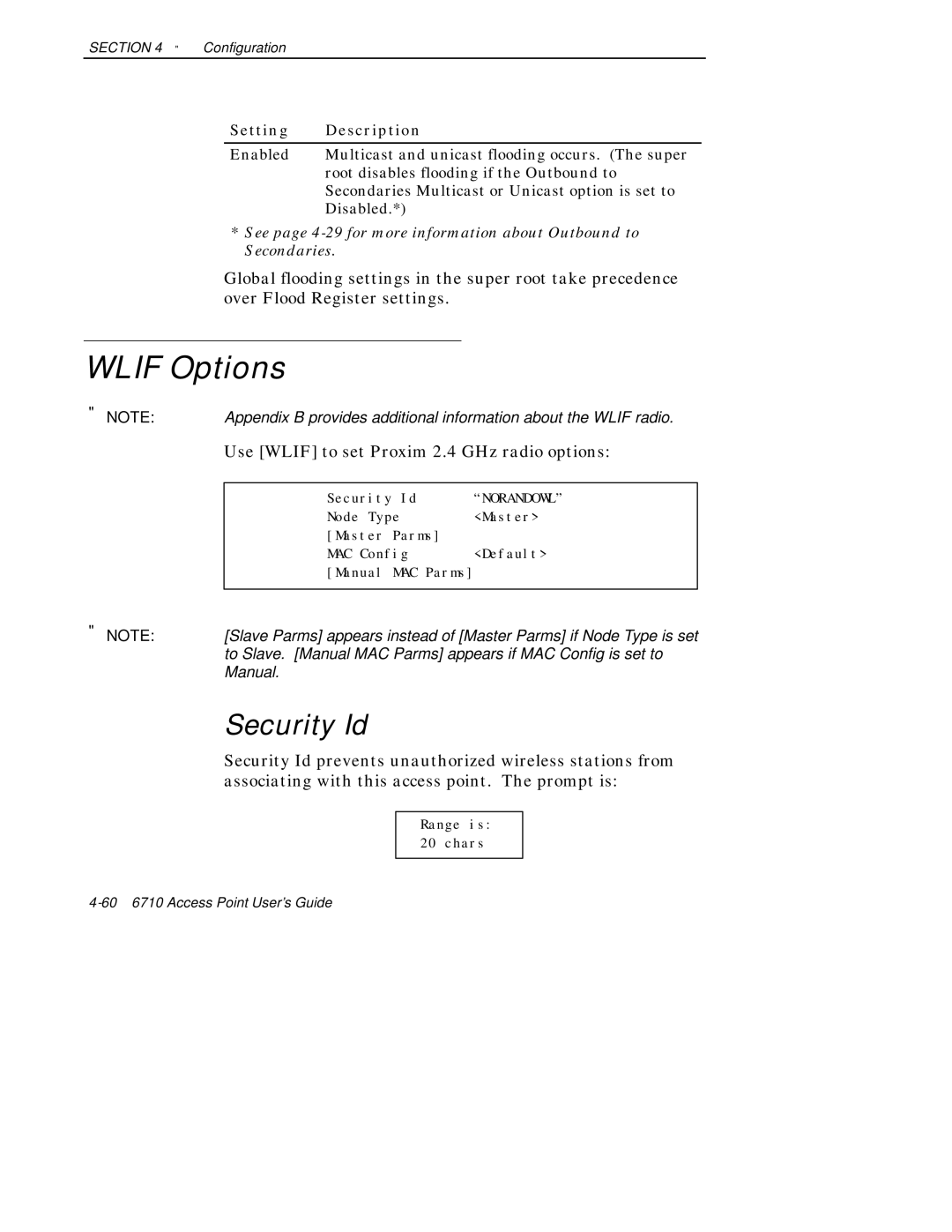 Intermec 6710 manual Wlif Options, Security Id, Use Wlif to set Proxim 2.4 GHz radio options 