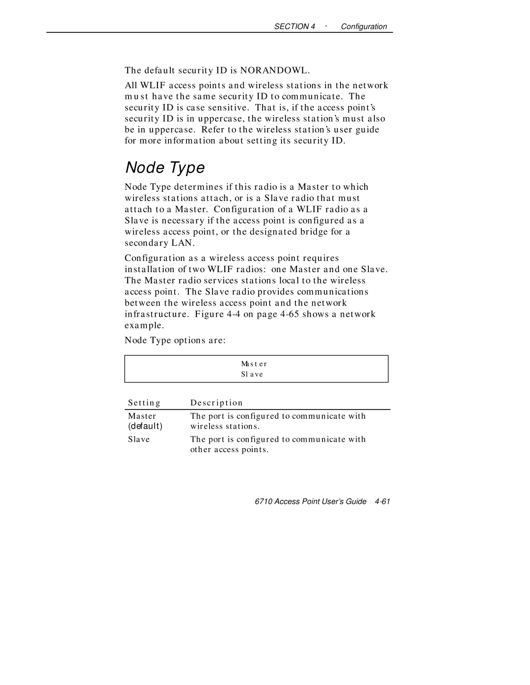 Intermec 6710 manual Node Type, Default security ID is Norandowl 