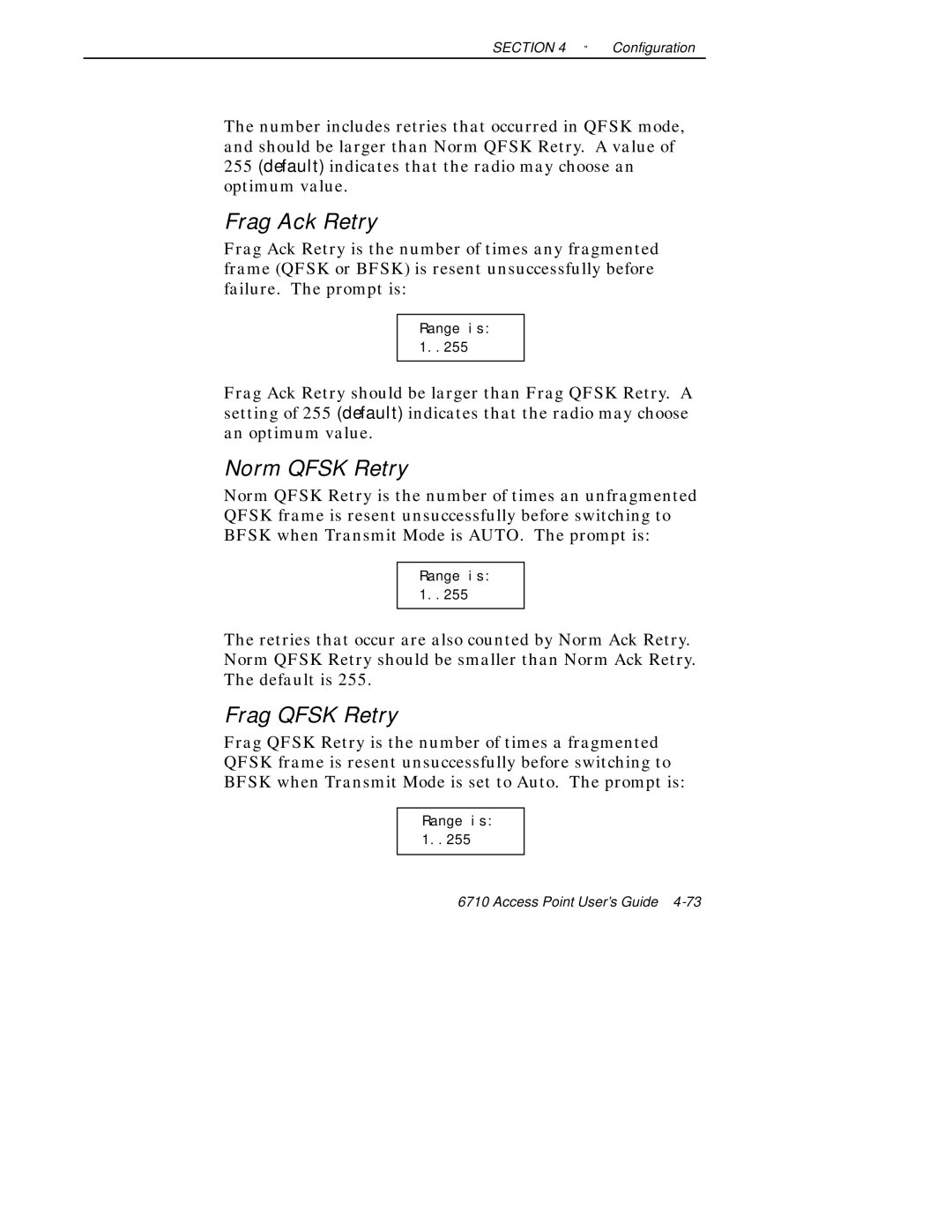 Intermec 6710 manual Frag Ack Retry, Norm Qfsk Retry, Frag Qfsk Retry 