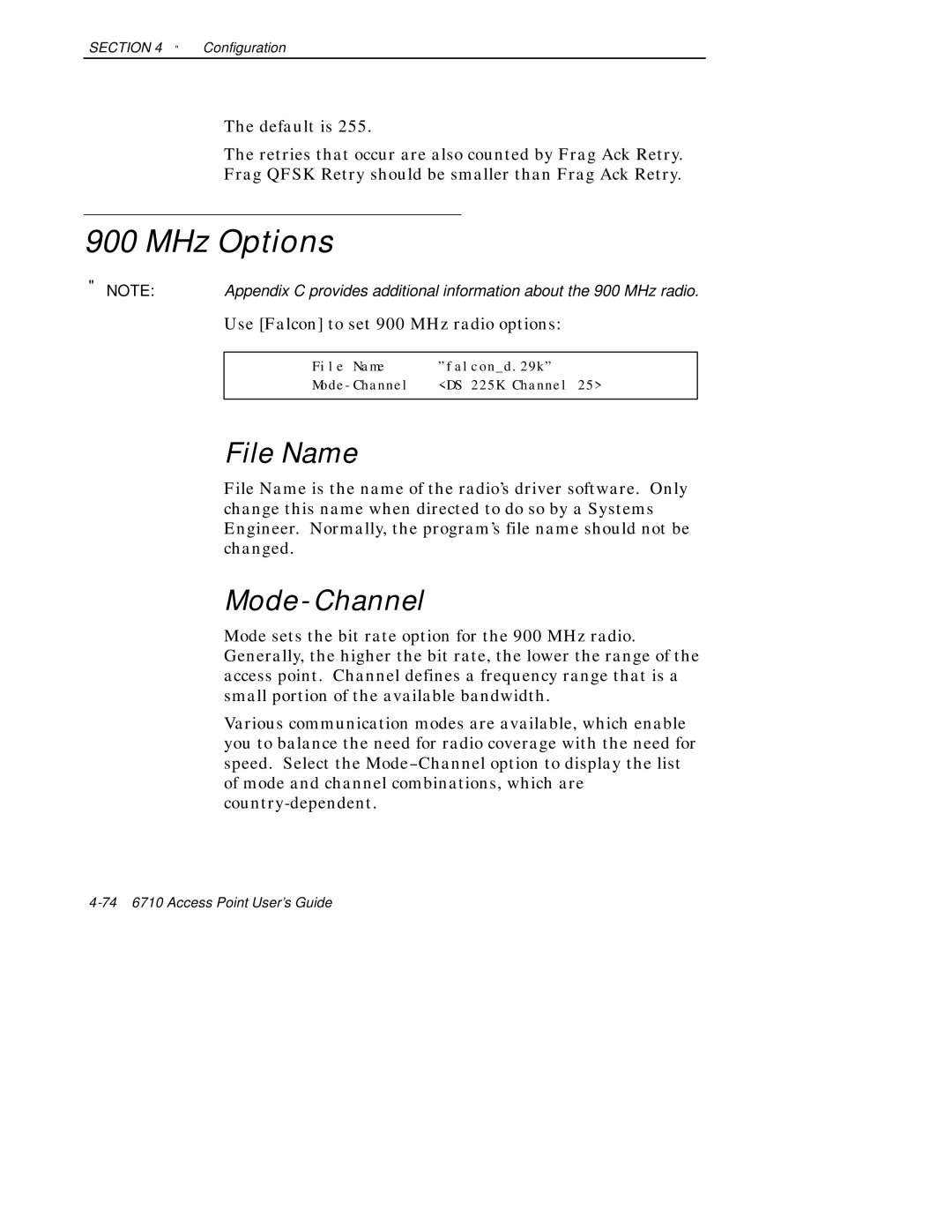 Intermec 6710 manual MHz Options, File Name, Mode- Channel, Use Falcon to set 900 MHz radio options 