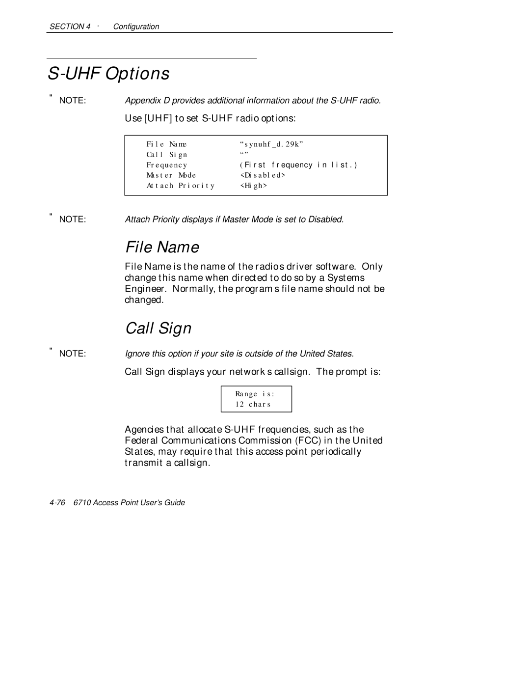 Intermec 6710 manual UHF Options, Call Sign, Use UHF to set S-UHF radio options 