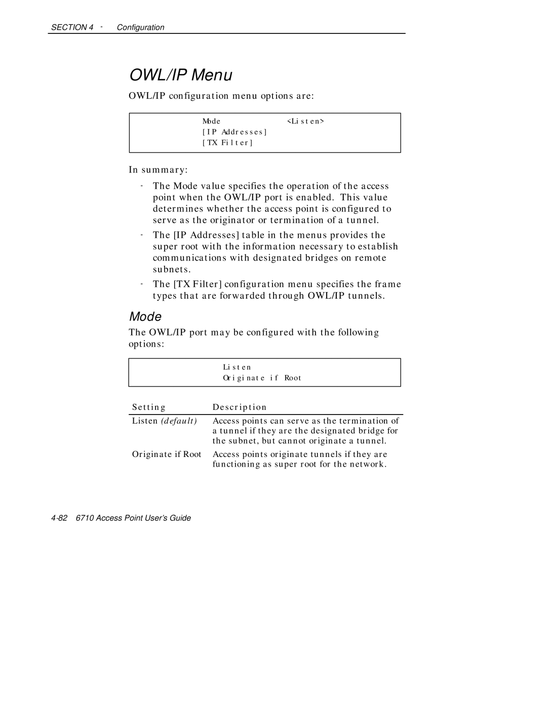 Intermec 6710 manual OWL/IP Menu, Mode, OWL/IP configuration menu options are, Summary 