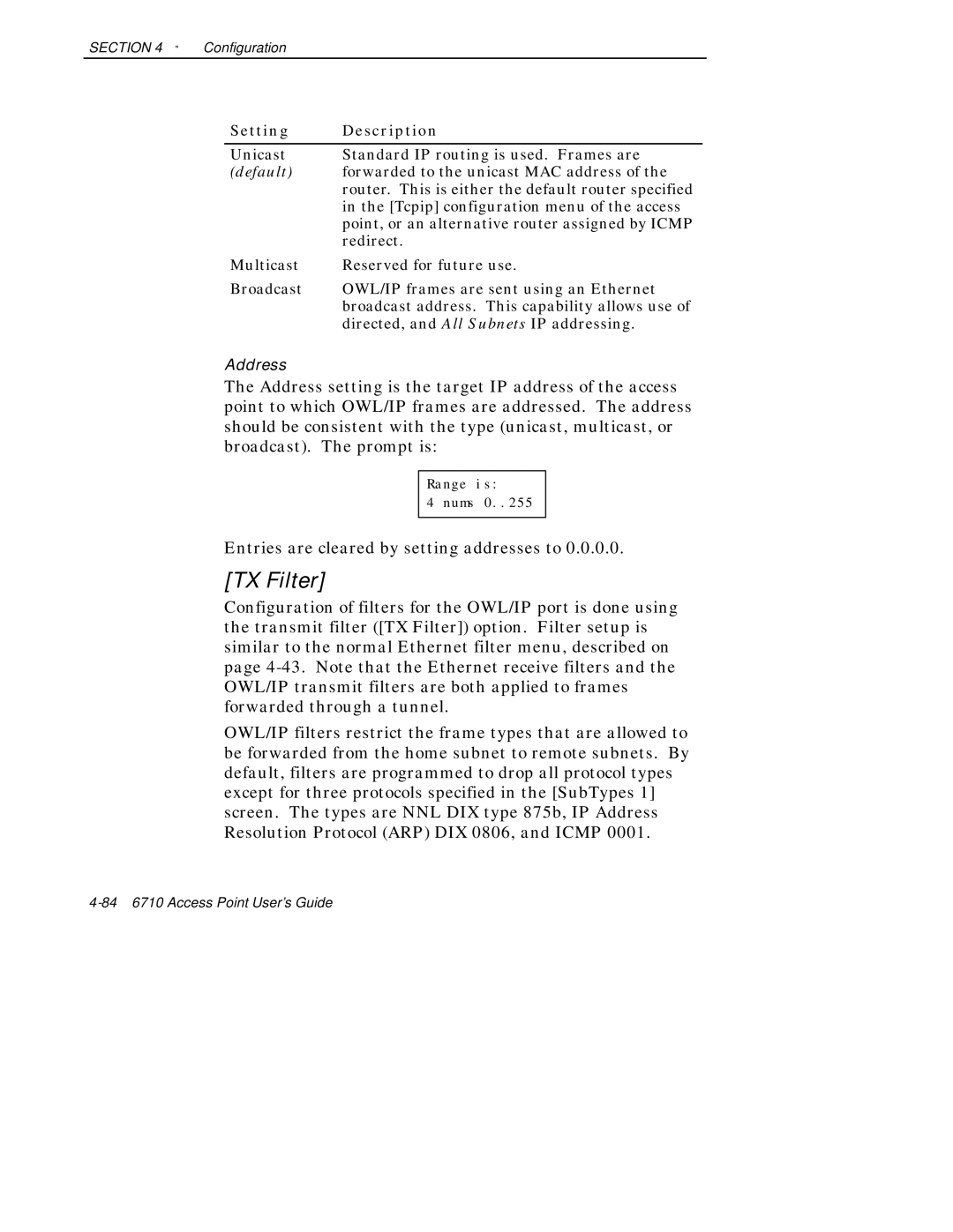 Intermec 6710 manual TX Filter, Entries are cleared by setting addresses to 