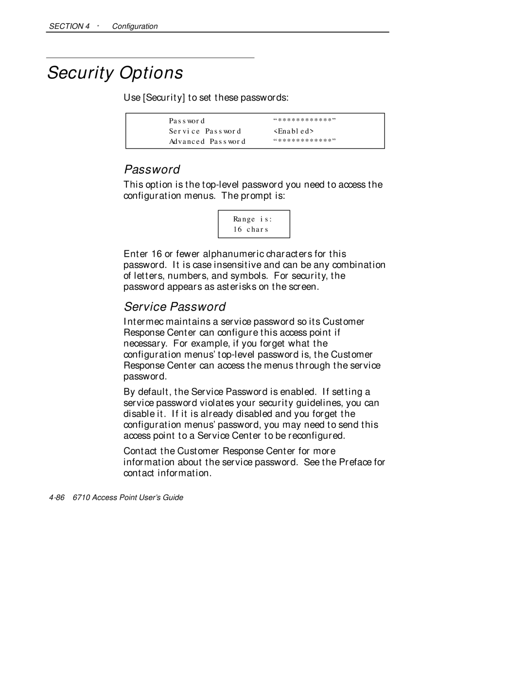 Intermec 6710 manual Security Options, Service Password, Use Security to set these passwords 