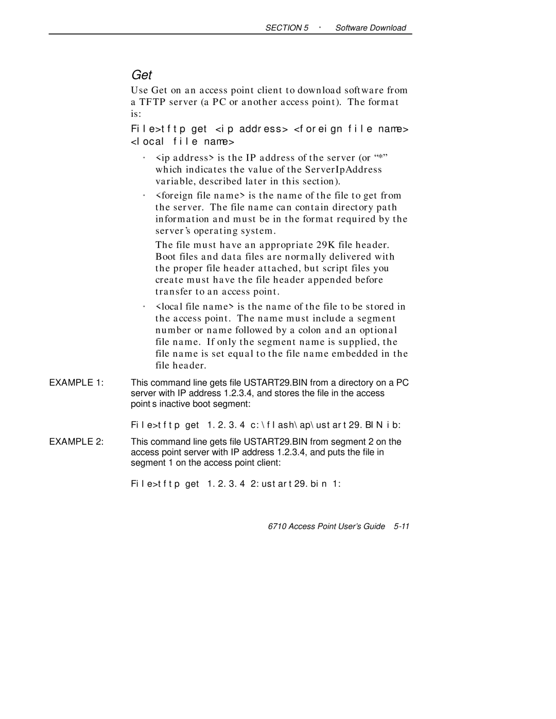 Intermec 6710 manual Get, Filetftp get ip address foreign file name local file name 