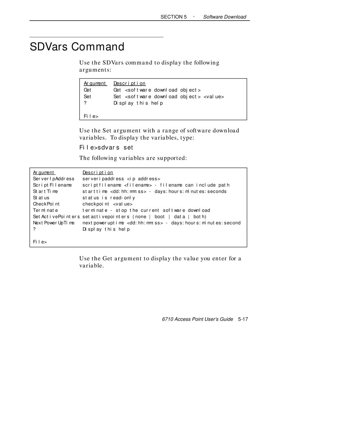 Intermec 6710 SDVars Command, Use the SDVars command to display the following arguments, Following variables are supported 