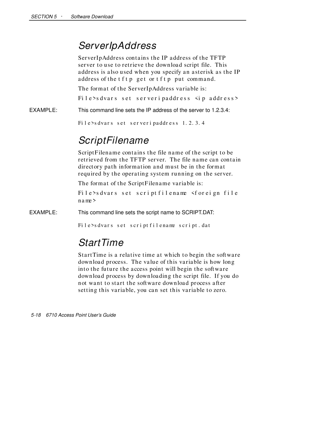 Intermec 6710 manual ServerIpAddress, StartTime, Format of the ScriptFilename variable is 