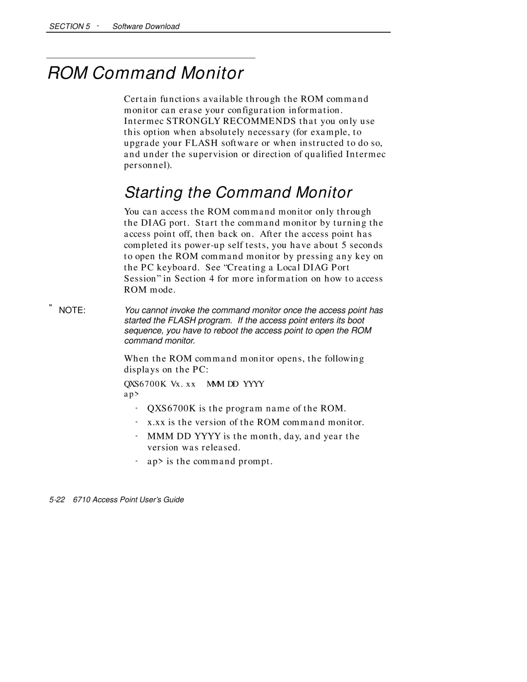 Intermec 6710 manual ROM Command Monitor, Starting the Command Monitor 