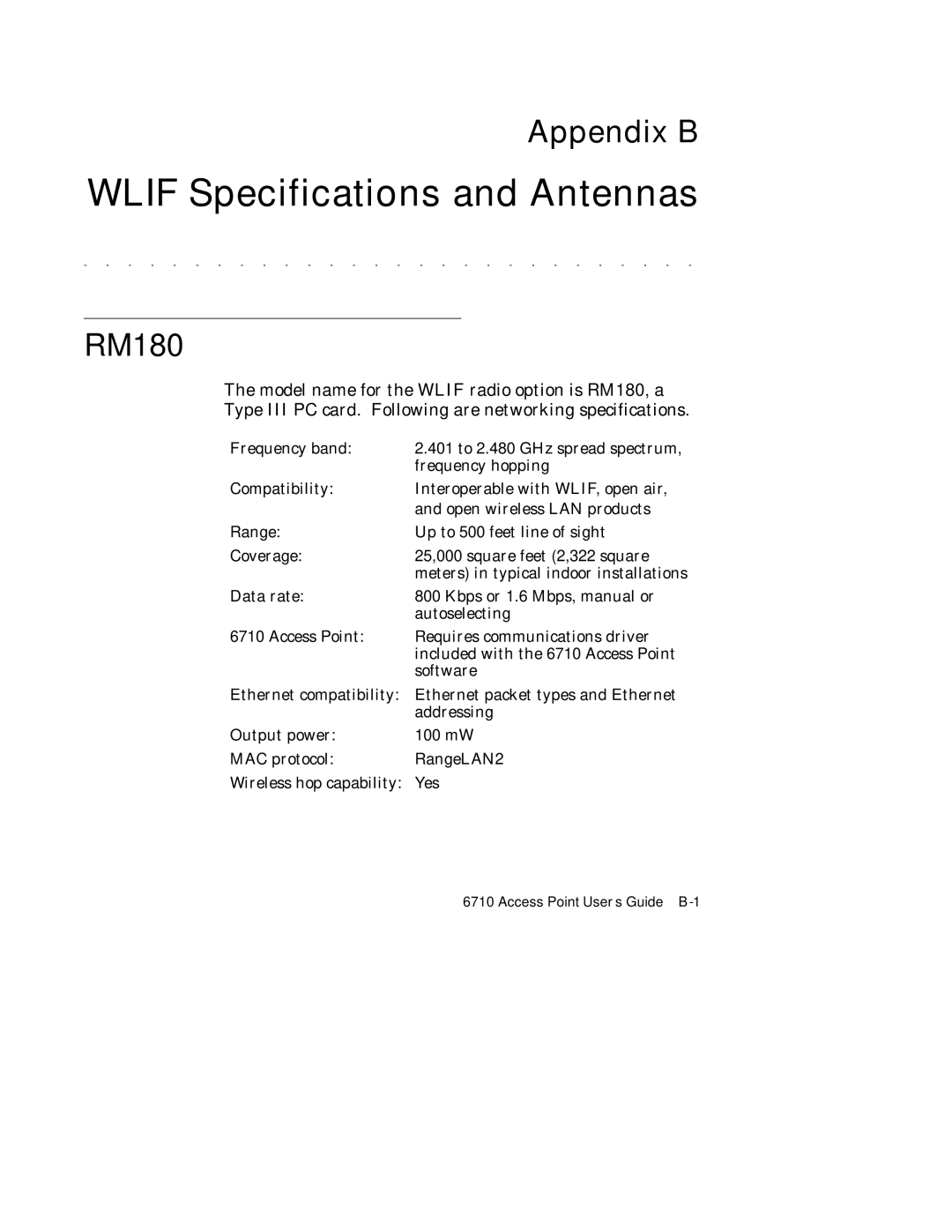 Intermec 6710 manual Appendix B, RM180 