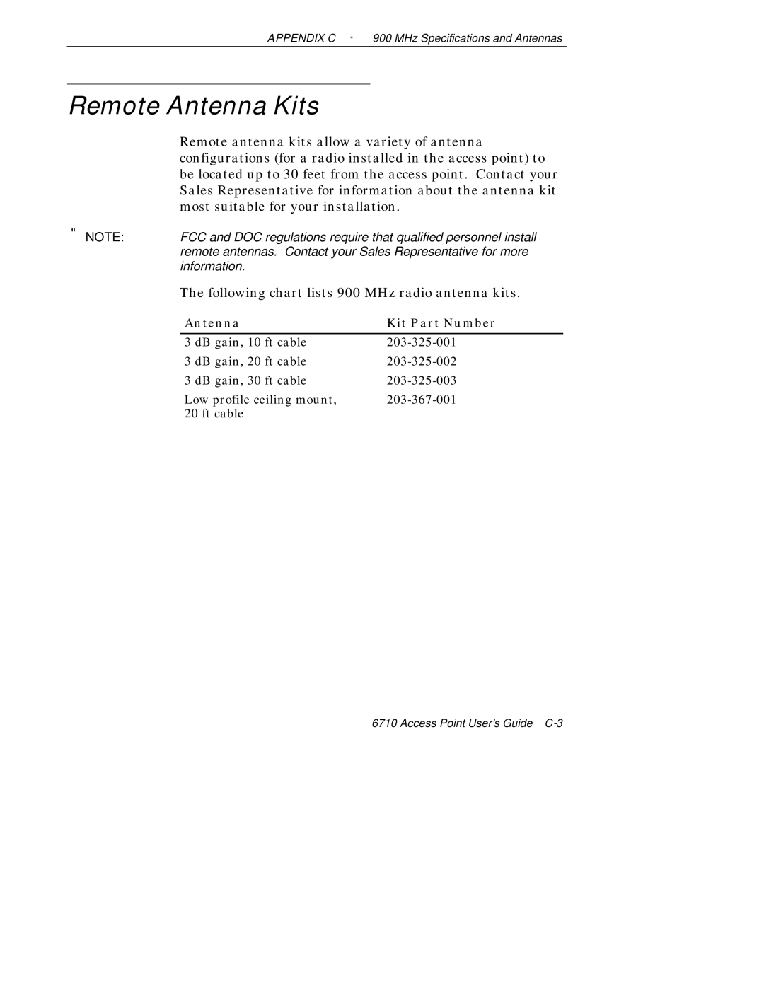 Intermec 6710 manual Remote Antenna Kits, Antenna Kit Part Number 